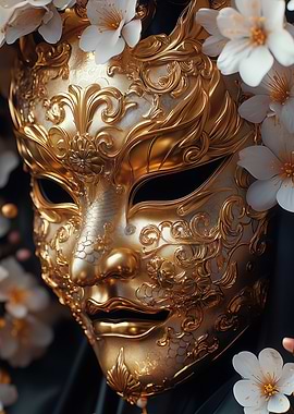 Ornate Golden Mask with White Flowers