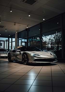 Silver Ferrari SF90 Stradale in Showroom
