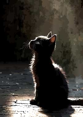 Black Kitten Gazing Upward
