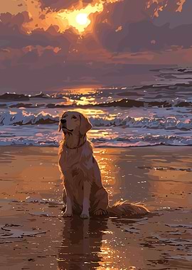 Golden Retriever at Sunset Beach