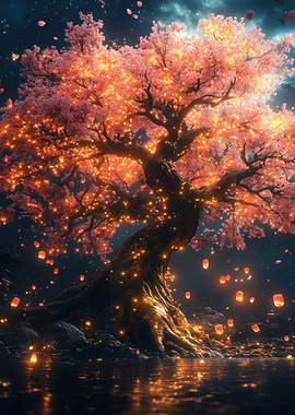 Glowing Cherry Blossom Tree at Night