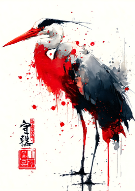 Watercolor Heron with Red Accents