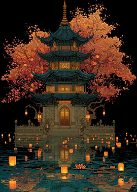 Japanese Pagoda with Lanterns on Water