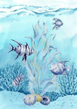 Watercolor Underwater Scene with Fish