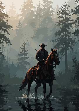 Cowboy on Horseback in Misty Forest