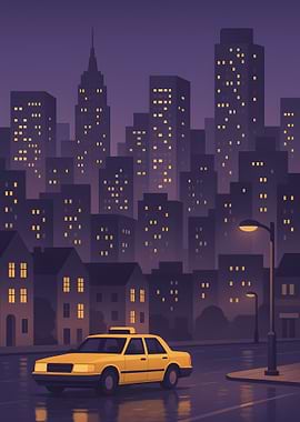 Cityscape with Yellow Taxi at Night