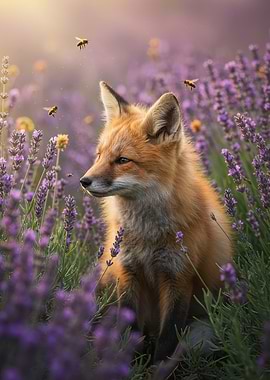 Fox in Lavender Field with Bees