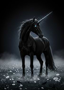 Mystical Black Unicorn in Flower Field