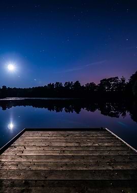 Night Lake Dock Under Starry Sky
