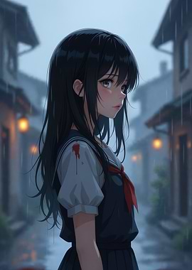 Anime Girl in Rain with Blood