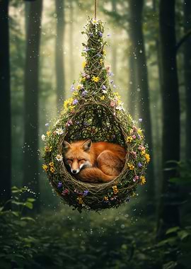 Sleeping Fox in Floral Nest
