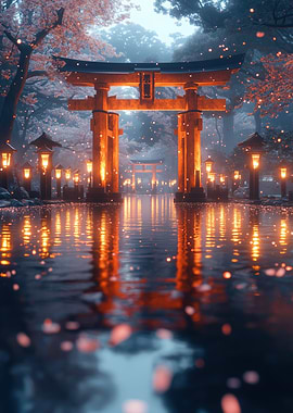 Japanese Torii Gate at Night