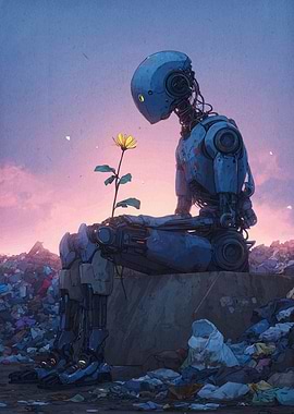 Robot with Flower in Wasteland