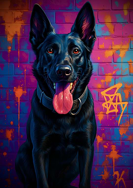 Black Dog Portrait with Graffiti Background