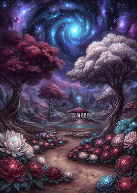 Fantasy Garden with Cosmic Sky
