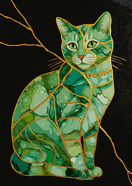 Emerald Cat Kintsugi Art