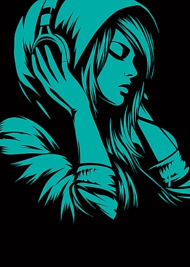 Girl with Headphones in Teal