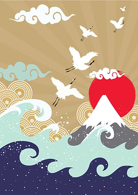 Japanese Landscape with Cranes and Waves