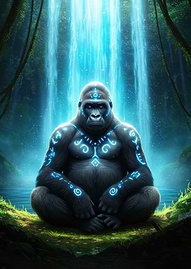 Meditating Gorilla by Waterfall