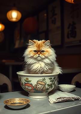 Cat in Bowl with Asian Decor