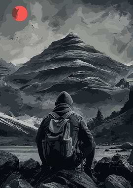 Monochrome Mountain Landscape with Hiker