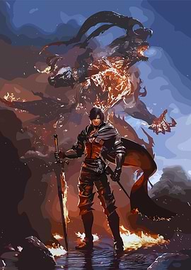 Warrior and Fiery Beast Digital Art