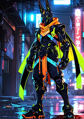 Cyberpunk Anubis in Neon Cityscape