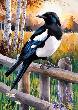 Magpie on Fence Painting