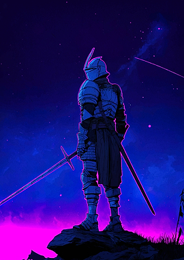Neon Knight Standing on a Cliff