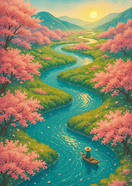 Cherry Blossom River Landscape with Boat