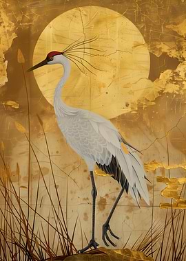 Japanese Crane Painting with Golden Background