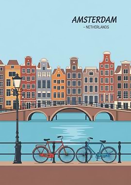 Amsterdam Netherlands Cityscape, Travel poster