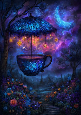 Magical Teacup Under Starry Umbrella