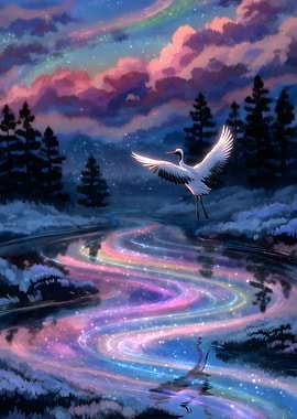 Crane over a Rainbow River