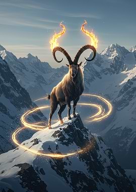 Majestic Ibex with Flaming Horns on Peak