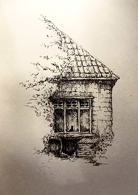 Pen and Ink House with Cat