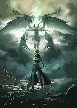 Fantasy Warrior Confronting Winged Demon