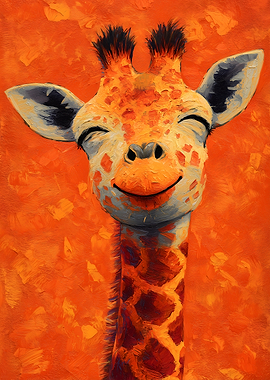 Smiling Giraffe Portrait on Orange Background