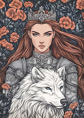 Queen with Wolf and Floral Background