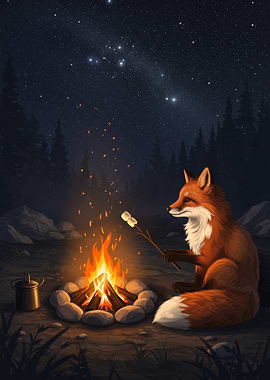 Fox Roasting Marshmallows by Campfire at Night