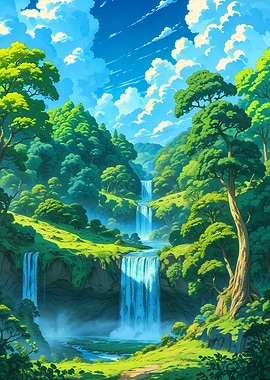 Lush Green Waterfall Landscape