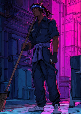 Urban Janitor in Neon Cityscape