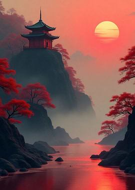 Japanese Pagoda at Sunset
