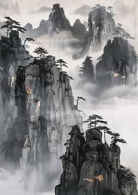 Misty Mountain Landscape with Pine Trees