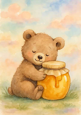 Watercolor Bear Hugging Honey Jar