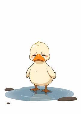 Sad Cartoon Duckling in Puddle