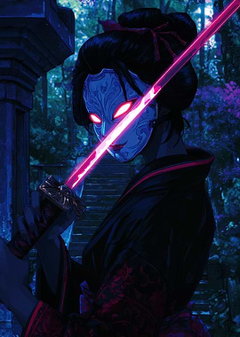 Masked Warrior with Glowing Sword