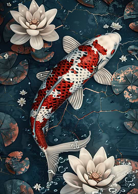 Koi Fish and Lotus Flowers