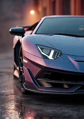 Sleek Purple Sports Car on Wet Street