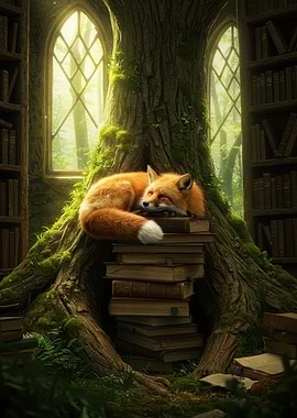 Fox Sleeping on Books in Library